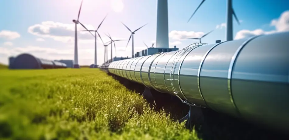 Stock image, hydrogen pipeline with wind turbines and in the background